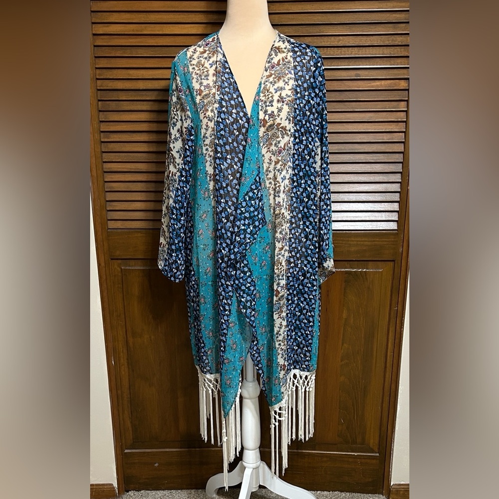 NWT ING+ Multi-color Floral Patchwork Kimono with Fringe Wrap Shawl Size 2X